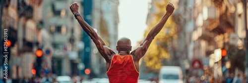 Victorious Athlete Celebrating at Finish Line with Arms Raised, Capturing the Triumph and Joy of Winning, Perfect for Sports and Achievement-Themed Promotions photo