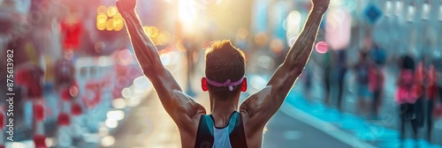 Victorious Athlete Celebrating at Finish Line with Arms Raised, Capturing the Triumph and Joy of Winning, Perfect for Sports and Achievement-Themed Promotions photo