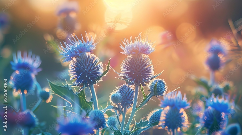 Blue eryngo flower blooms in a summer meadow. It is known for its medicinal properties Blue eryngo flower blooms in a summer meadow. It is known for its medicinal properties