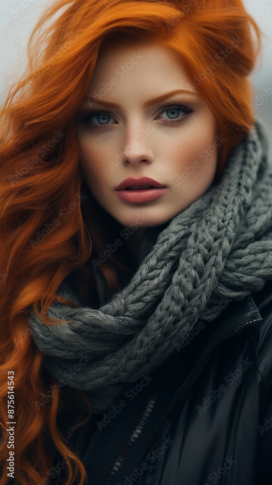 a woman with long red hair wearing a scarf a woman with long red hair wearing a scarf