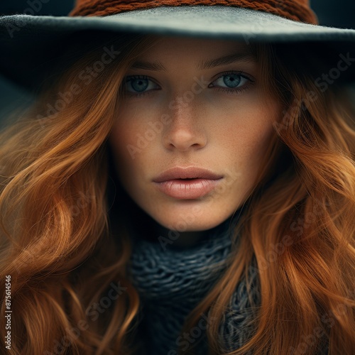 a woman with long red hair wearing a hat