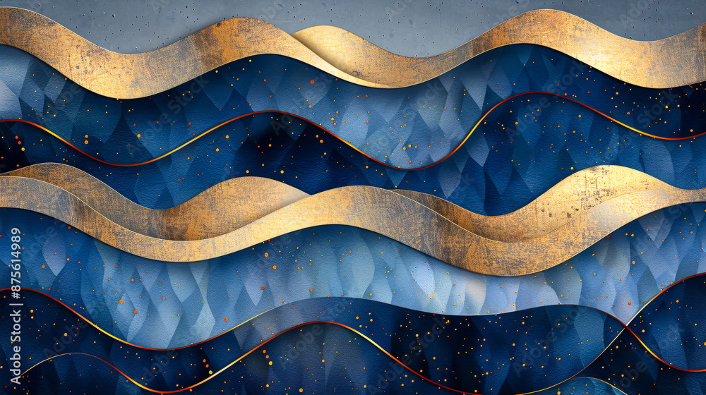 Ornamental wave pattern with gold accents on a blue background