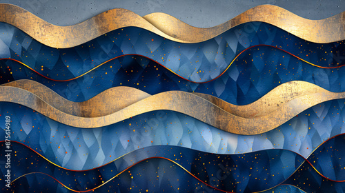 Obraz na płótnie Ornamental wave pattern with gold accents on a blue background w salonie