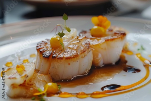 Delicious Scallops as a Gourmet Dish in a Michelin-Star Restaurant, Highlighting the Elegance and Culinary Excellence of Fine Dining, Perfect for Food and Restaurant Promotions photo