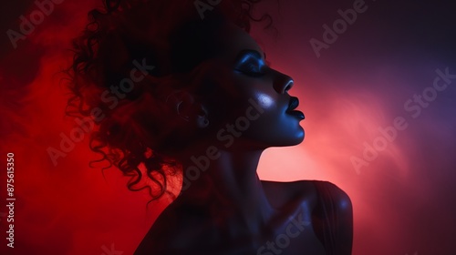 a woman with red and blue smoke coming out of her hair