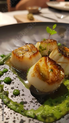 Delicious Scallops as a Gourmet Dish in a Michelin-Star Restaurant, Highlighting the Elegance and Culinary Excellence of Fine Dining, Perfect for Food and Restaurant Promotions photo