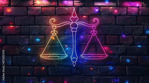 Libra zodiac sign icon with glowing neon colorful lighting on black brick wall