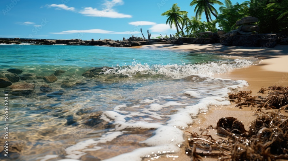 a beach with a palm tree and a beach in the background. a beach with a palm tree and a beach in the background.