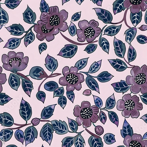 Realistic Floral Grid Pattern with Detailed Blue, Green, and Pink Flowers