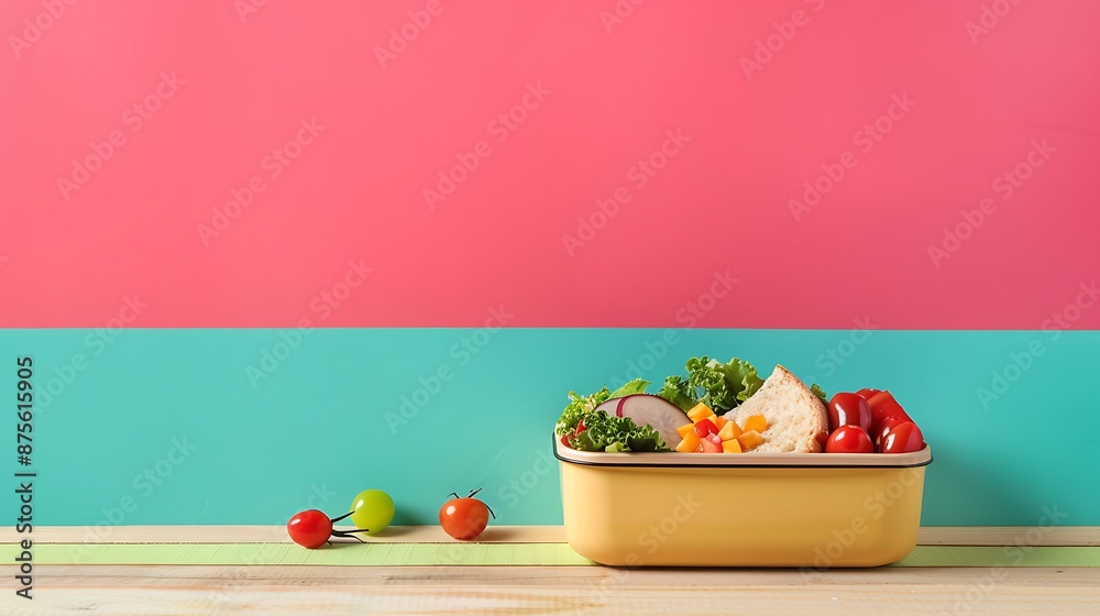 Lunch box with appetizing food and on light wooden table isolated on colorful background