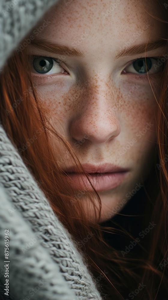 a woman with red hair and freckles is looking into the camera a woman with red hair and freckles is looking into the camera