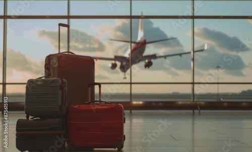 Luggage Piled Up in Airport Terminal with Airplanes Flying Overhead, Capturing the Bustling Atmosphere of Travel and Transportation, Perfect for Travel and Aviation-Themed Promotions photo