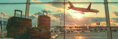 Luggage Piled Up in Airport Terminal with Airplanes Flying Overhead, Capturing the Bustling Atmosphere of Travel and Transportation, Perfect for Travel and Aviation-Themed Promotions photo