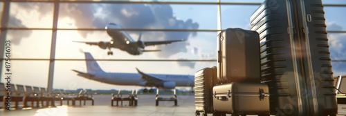 Luggage Piled Up in Airport Terminal with Airplanes Flying Overhead, Capturing the Bustling Atmosphere of Travel and Transportation, Perfect for Travel and Aviation-Themed Promotions photo