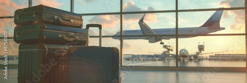 Luggage Piled Up in Airport Terminal with Airplanes Flying Overhead, Capturing the Bustling Atmosphere of Travel and Transportation, Perfect for Travel and Aviation-Themed Promotions photo