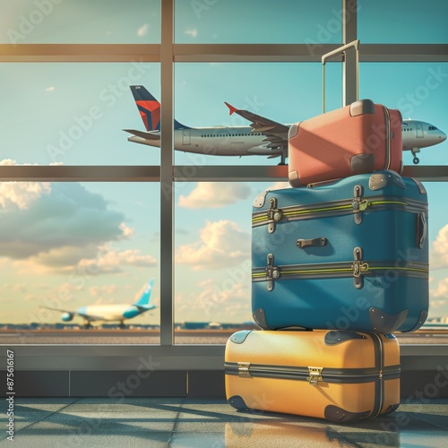 Luggage Piled Up in Airport Terminal with Airplanes Flying Overhead, Capturing the Bustling Atmosphere of Travel and Transportation, Perfect for Travel and Aviation-Themed Promotions photo
