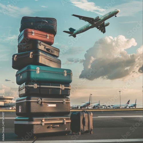 Luggage Piled Up in Airport Terminal with Airplanes Flying Overhead, Capturing the Bustling Atmosphere of Travel and Transportation, Perfect for Travel and Aviation-Themed Promotions photo