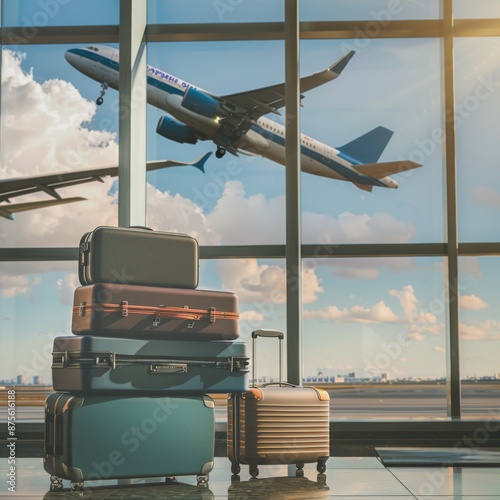 Luggage Piled Up in Airport Terminal with Airplanes Flying Overhead, Capturing the Bustling Atmosphere of Travel and Transportation, Perfect for Travel and Aviation-Themed Promotions photo