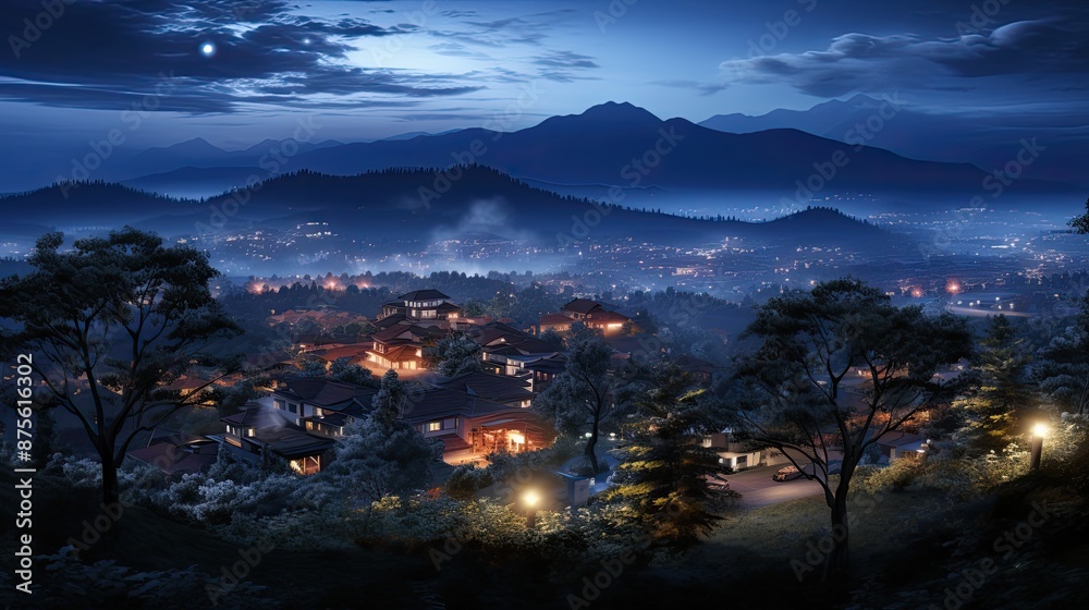 Obraz premium a city at night with a town in the background.