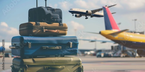 Luggage Piled Up in Airport Terminal with Airplanes Flying Overhead, Capturing the Bustling Atmosphere of Travel and Transportation, Perfect for Travel and Aviation-Themed Promotions photo