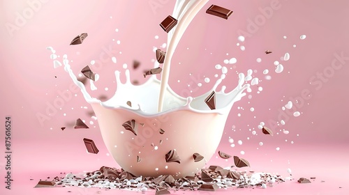 Milk stream jet pouring into a bowl with chocolate flakes in the form of rings splashes of milk isolated on colorful background