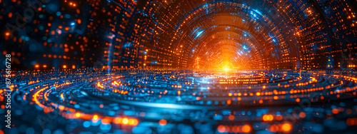 Futuristic neon tunnel with glowing blue lights and symmetrical digital patterns