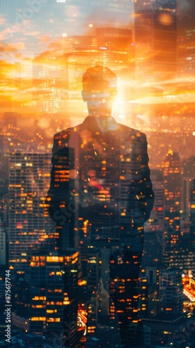 Abstract sunset silhouette, double exposure image of businessman backlit profile overlayed with cityscape, embracing modernity, business and city life photo