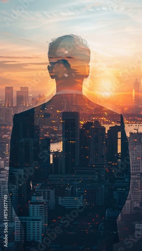 Abstract sunset silhouette, double exposure image of businessman backlit profile overlayed with cityscape, embracing modernity, business and city life photo