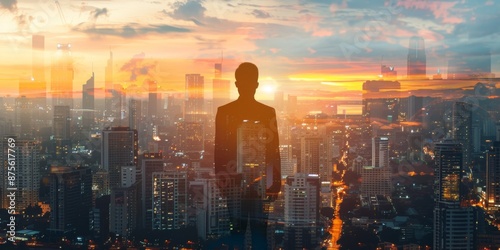 Abstract sunset silhouette, double exposure image of businessman backlit profile overlayed with cityscape, embracing modernity, business and city life photo