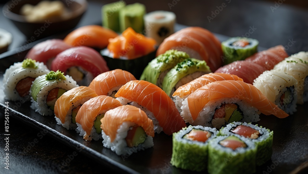 An assortment of sushi on a black plate. An assortment of sushi on a black plate.