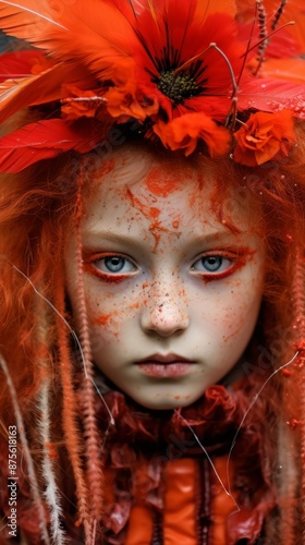 a young girl with red hair and feathers on her head