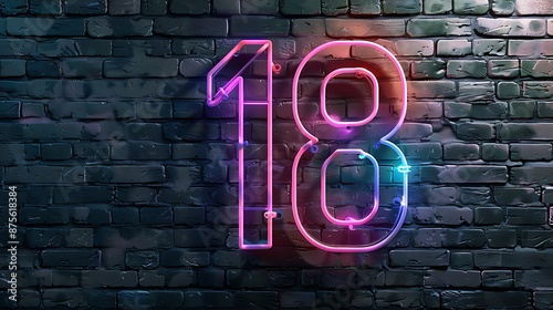 Number 18 with glowing neon colorful lighting on black brick wall