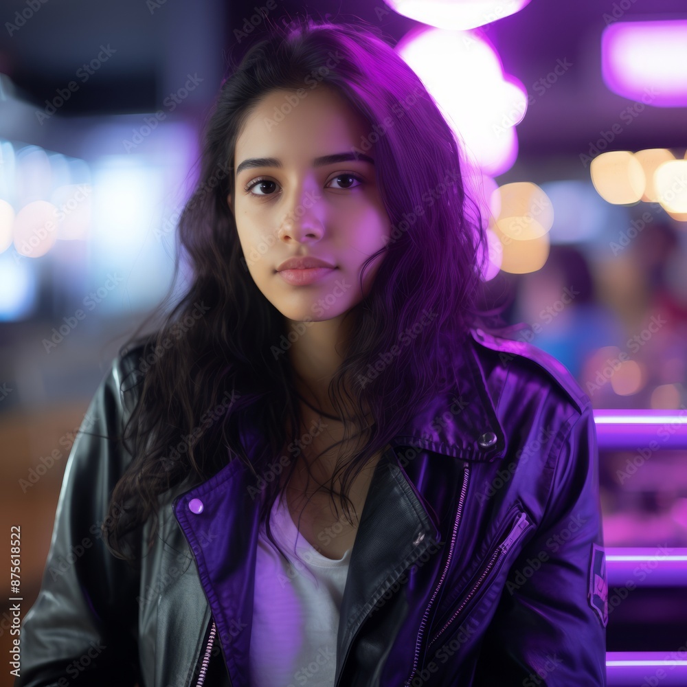 Obraz premium a young woman in a leather jacket sitting at a table