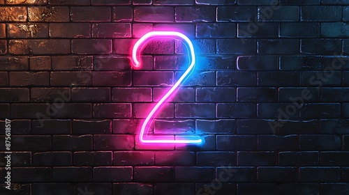 Number 2 with glowing neon colorful lighting on black brick wall