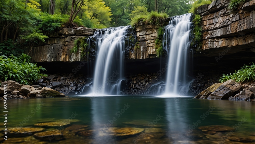 The image is of two waterfalls in a forest The image is of two waterfalls in a forest