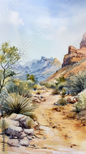 Watercolor Desert Landscape with Soft Natural Colors, Depicting a Picturesque Arid Environment, Perfect for Earth Day and Nature-Themed Promotions photo