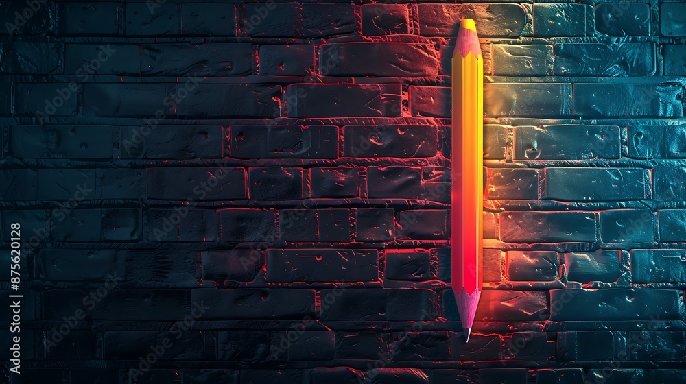 Pencil sign with glowing neon colorful lighting on black brick wall Pencil sign with glowing neon colorful lighting on black brick wall