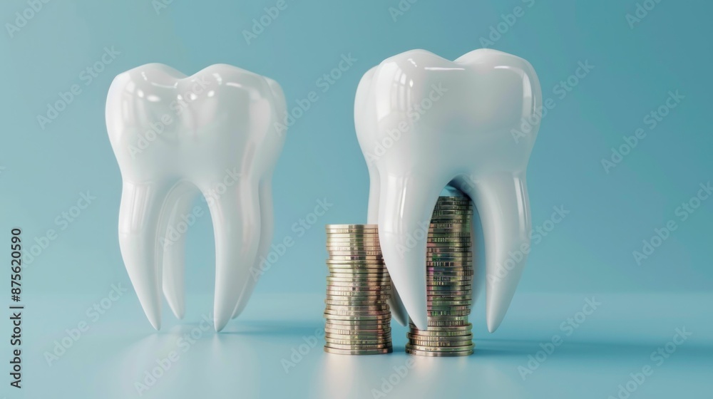 Dental health and financial planning concept with a tooth and a stack of coins on blue background Dental health and financial planning concept with a tooth and a stack of coins on blue background