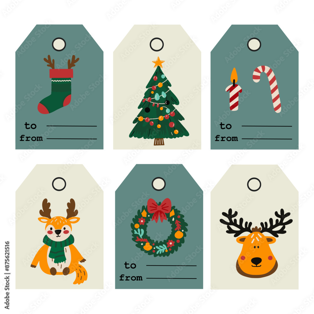 Fototapeta premium Set of Merry Christmas tags, icons and cards with hand drawn elements. Vector illustration