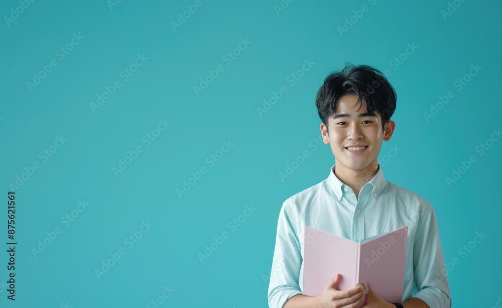 asian male student standing and smile on blue background