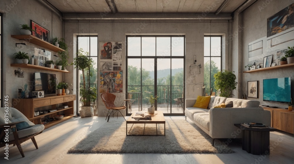 Beautiful modern living room, electric with plant elements