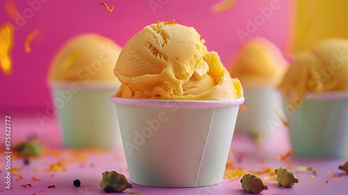 Saffron and Cardamom Ice Cream in small cup isolated on colorful background