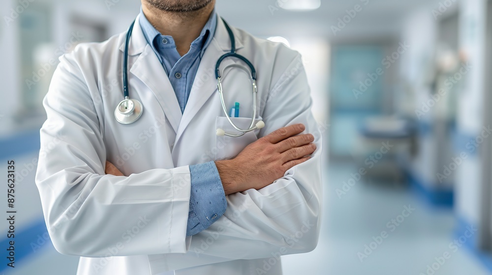 Confident Medical Doctor in White Coat with Stethoscope Standing Arms Crossed in Hospital Room. Ideal for Healthcare Website Banner or Social Media Post with Copy Space. Confident Medical Doctor in White Coat with Stethoscope Standing Arms Crossed in Hospital Room. Ideal for Healthcare Website Banner or Social Media Post with Copy Space.