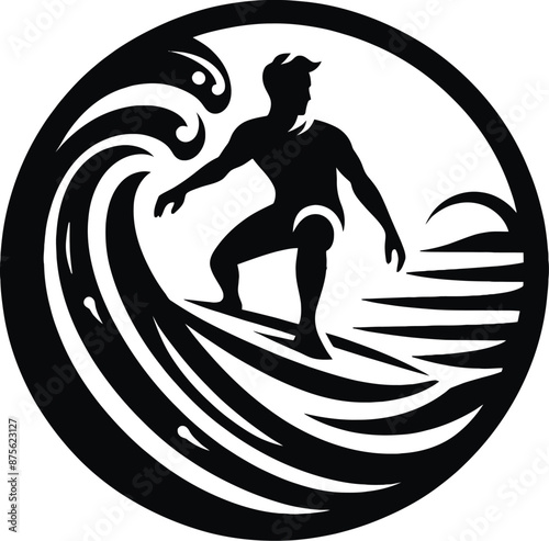 Surfer Riding a Wave Logo Icon Silhouette in Vector Style on White Background