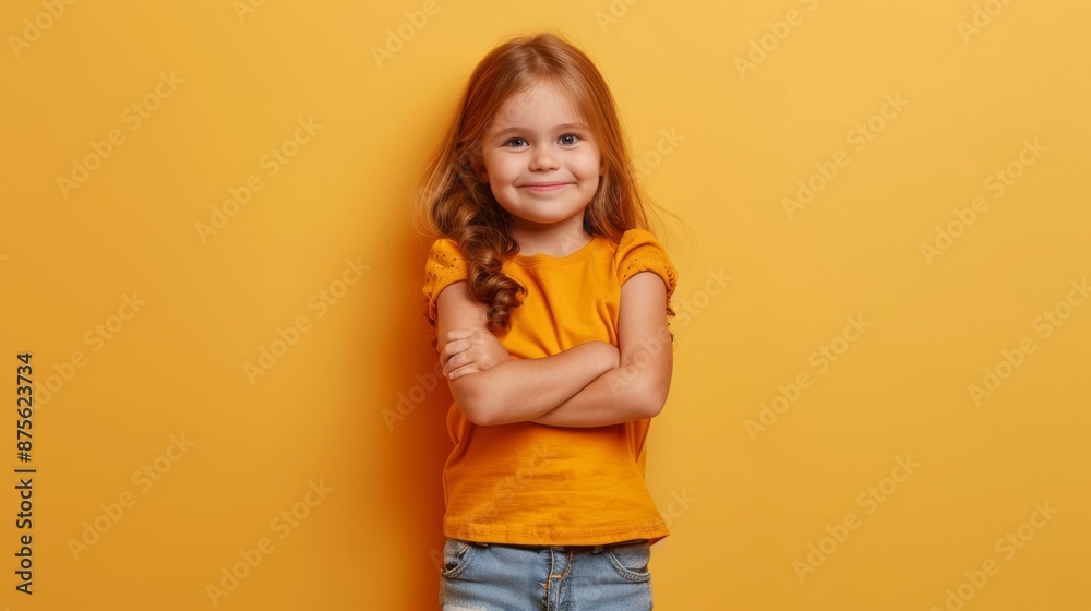 Joyful little girl jumping with folded hands, isolated yellow background. Ideal for children's clothing brands, marketing materials, and web design. Joyful little girl jumping with folded hands, isolated yellow background. Ideal for children's clothing brands, marketing materials, and web design.
