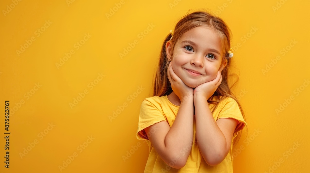 Joyful little girl jumping with folded hands, isolated yellow background. Ideal for children's clothing brands, marketing materials, and web design. Joyful little girl jumping with folded hands, isolated yellow background. Ideal for children's clothing brands, marketing materials, and web design.