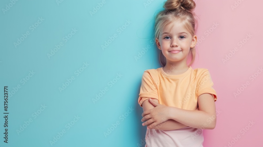 Playful child wearing a t-shirt. Ideal for children's clothing brands, marketing materials, and web design. Playful child wearing a t-shirt. Ideal for children's clothing brands, marketing materials, and web design.