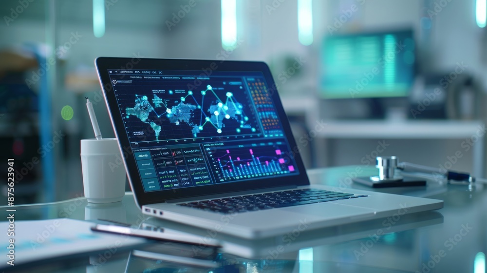 Laptop with Data Analytics Display on a Glass Desk Laptop with Data Analytics Display on a Glass Desk