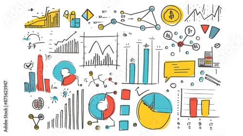 Hand-drawn business and data analysis doodles. White background business sketch illustrations.