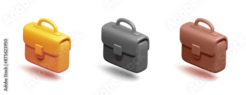 A set of colored 3D briefcases. Image for business, finance, marketing, profit, learning concepts. Icons for web design. Vector